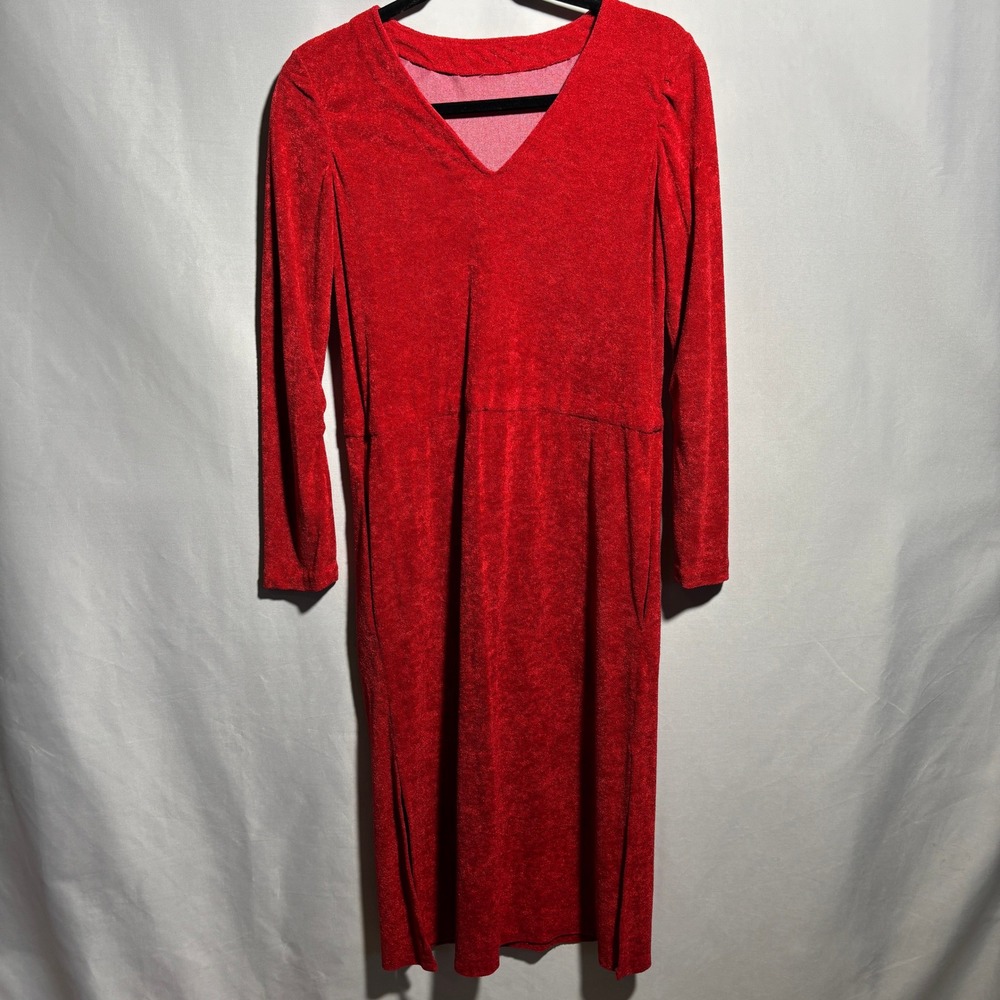 Red V Neck Long‎ Sleeve Terry Cloth Midi Dress Pockets Handmade Holiday Retro S